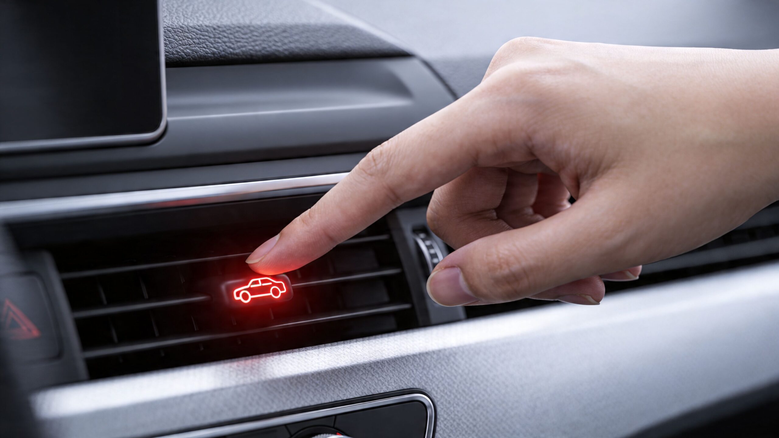 A close-up view of a person's finger pressing an illuminated car icon button on a vehicle dashboard.