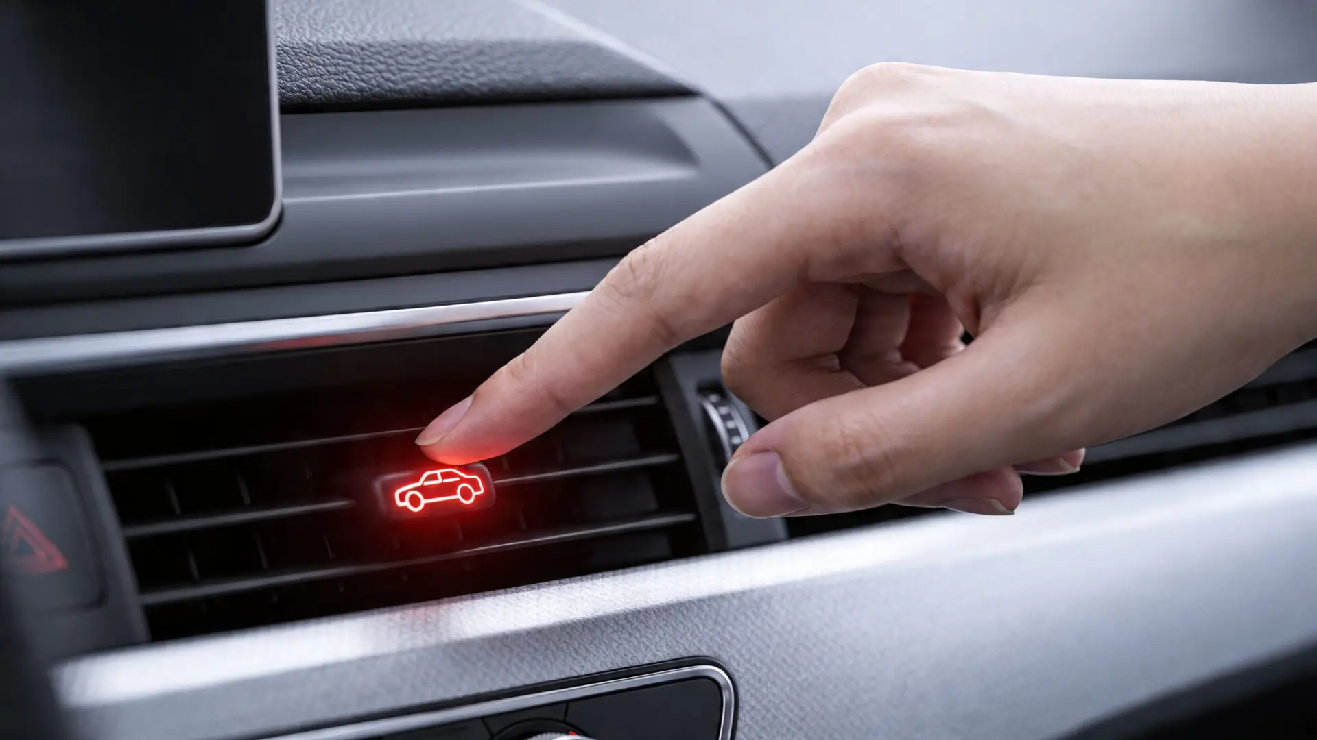 A close-up view of a person's finger pressing an illuminated car icon button on a vehicle dashboard.