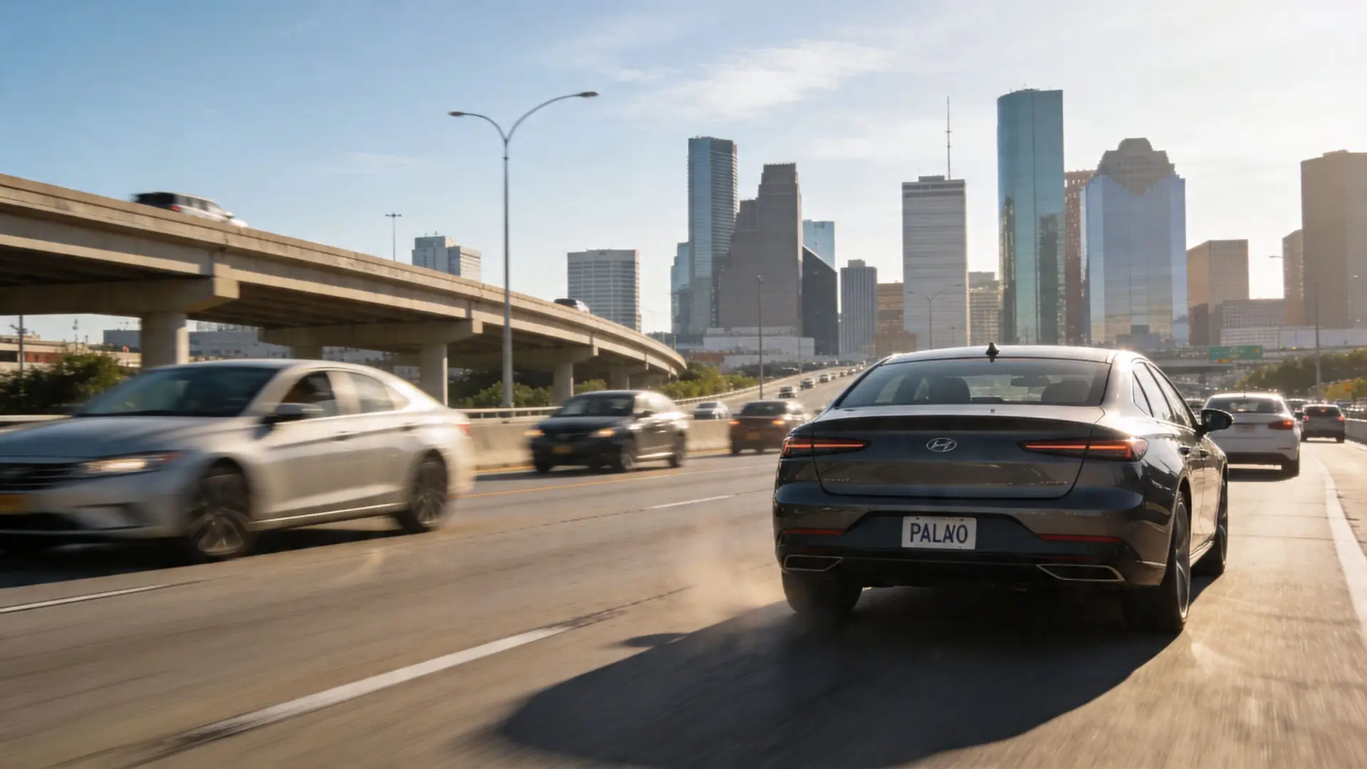 A modern grey sedan driving on a highway with the Houston skyline in the background.