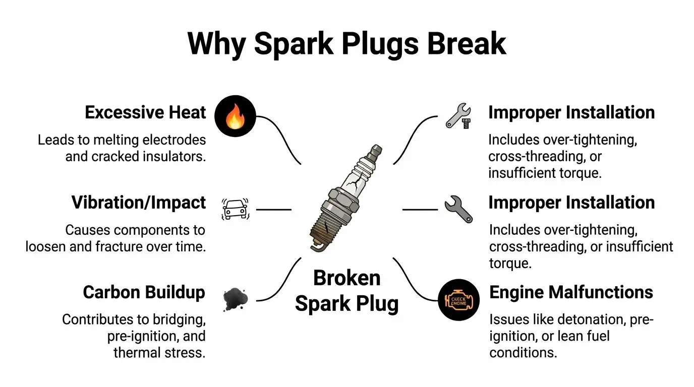 An infographic showing common causes of broken spark plugs including overheating, vibration, carbon buildup, and engine issues.
