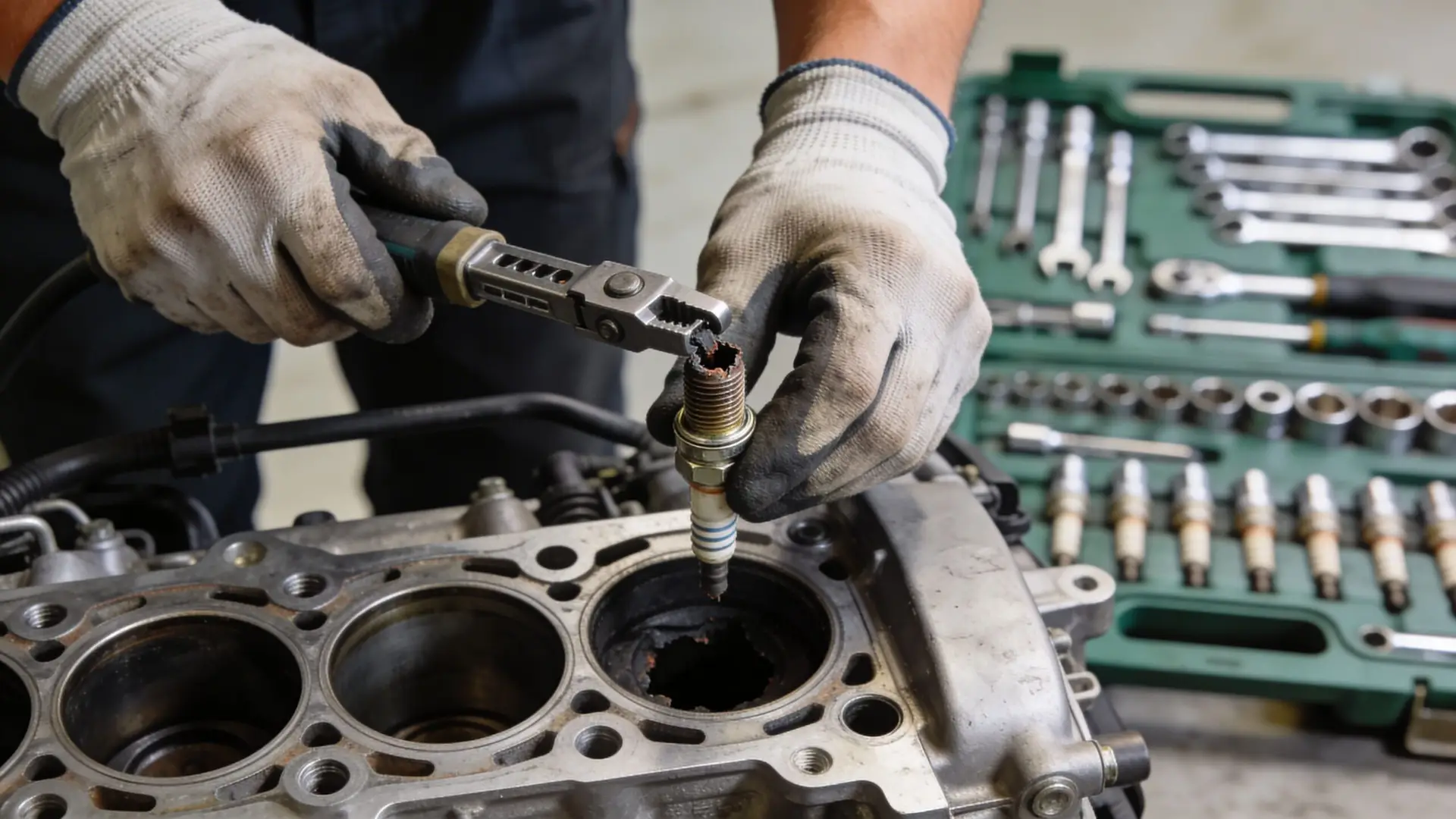 A mechanic wearing protective gloves removes a broken spark plug from an engine cylinder head