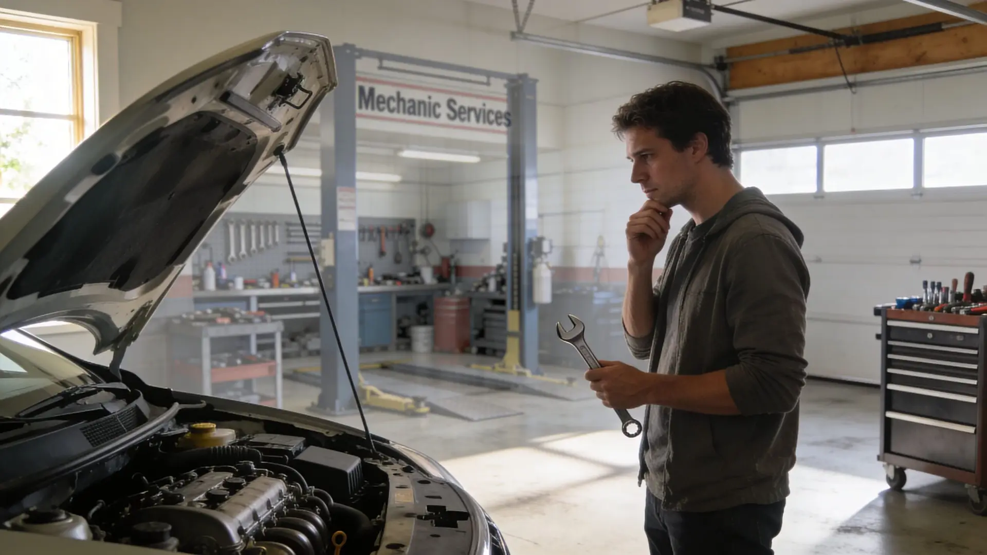 A pensive mechanic holding a wrench, examining the open engine bay of a car in a repair shop.