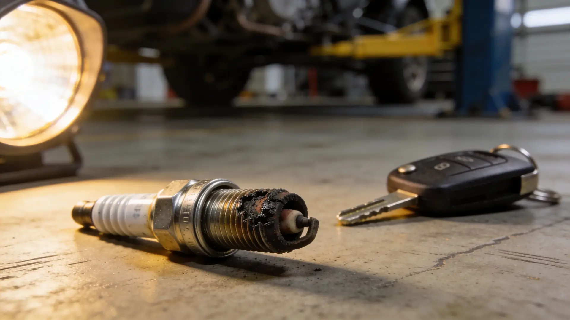 A dirty and damaged spark plug lying next to a car key on a workshop floor.