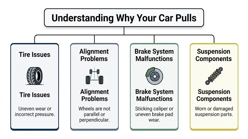 An infographic detailing four main reasons why a vehicle pulls, including tire issues, alignment, brakes, and suspension.