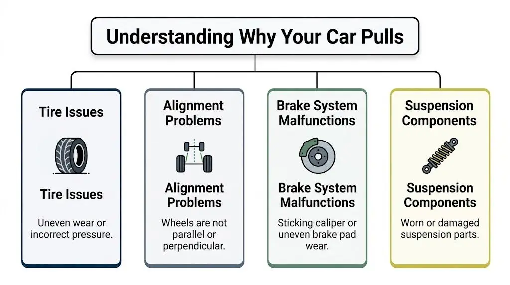 An infographic detailing four main reasons why a vehicle pulls, including tire issues, alignment, brakes, and suspension.