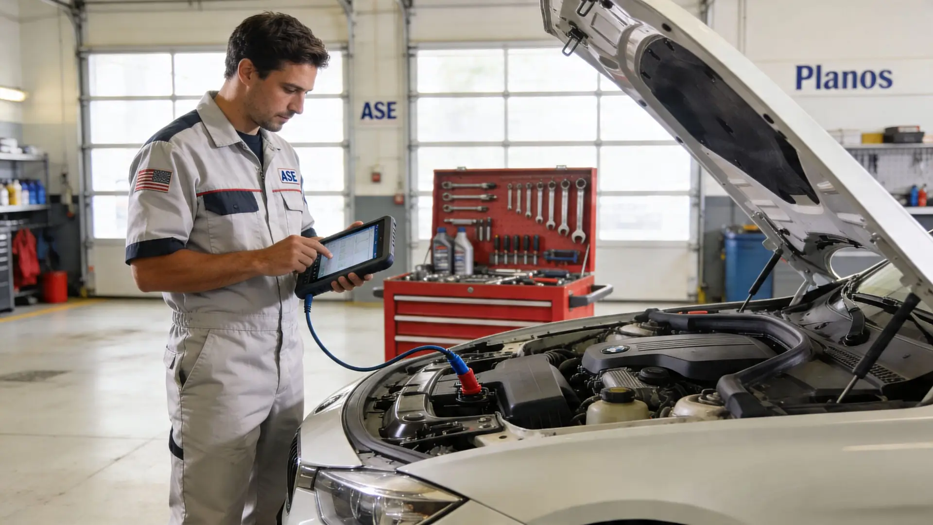 A professional mechanic in a uniform uses a diagnostic tool on a white car in a garage.