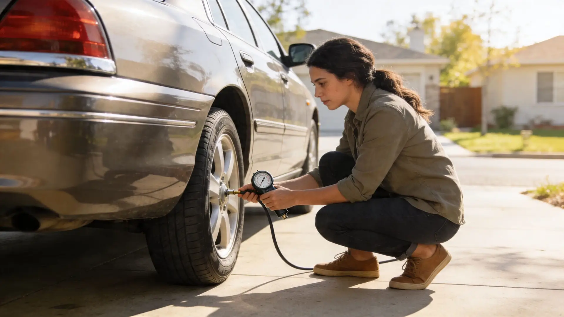 A young woman checking the tire pressure on her silver sedan with a manual gauge while outdoors.