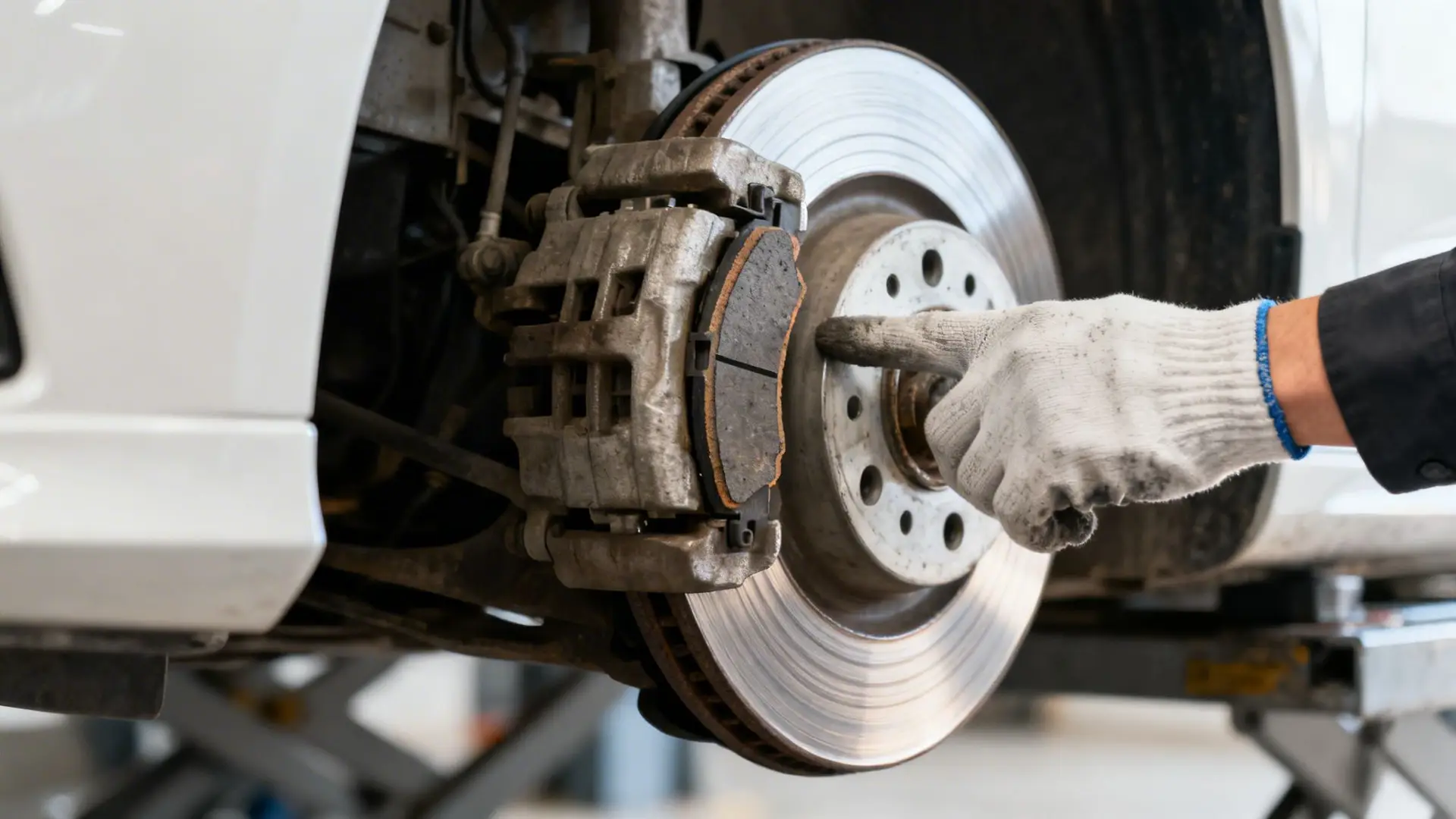 A mechanic's gloved hand points to a worn brake pad and disc on a car during service.