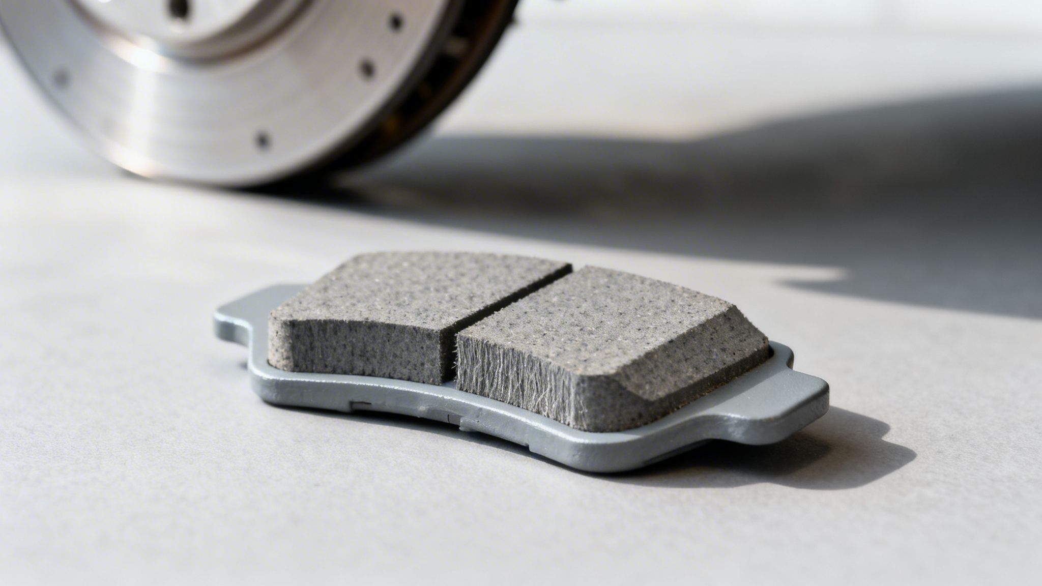 A new grey ceramic brake pad with a textured surface, shown alongside a blurred brake disc.
