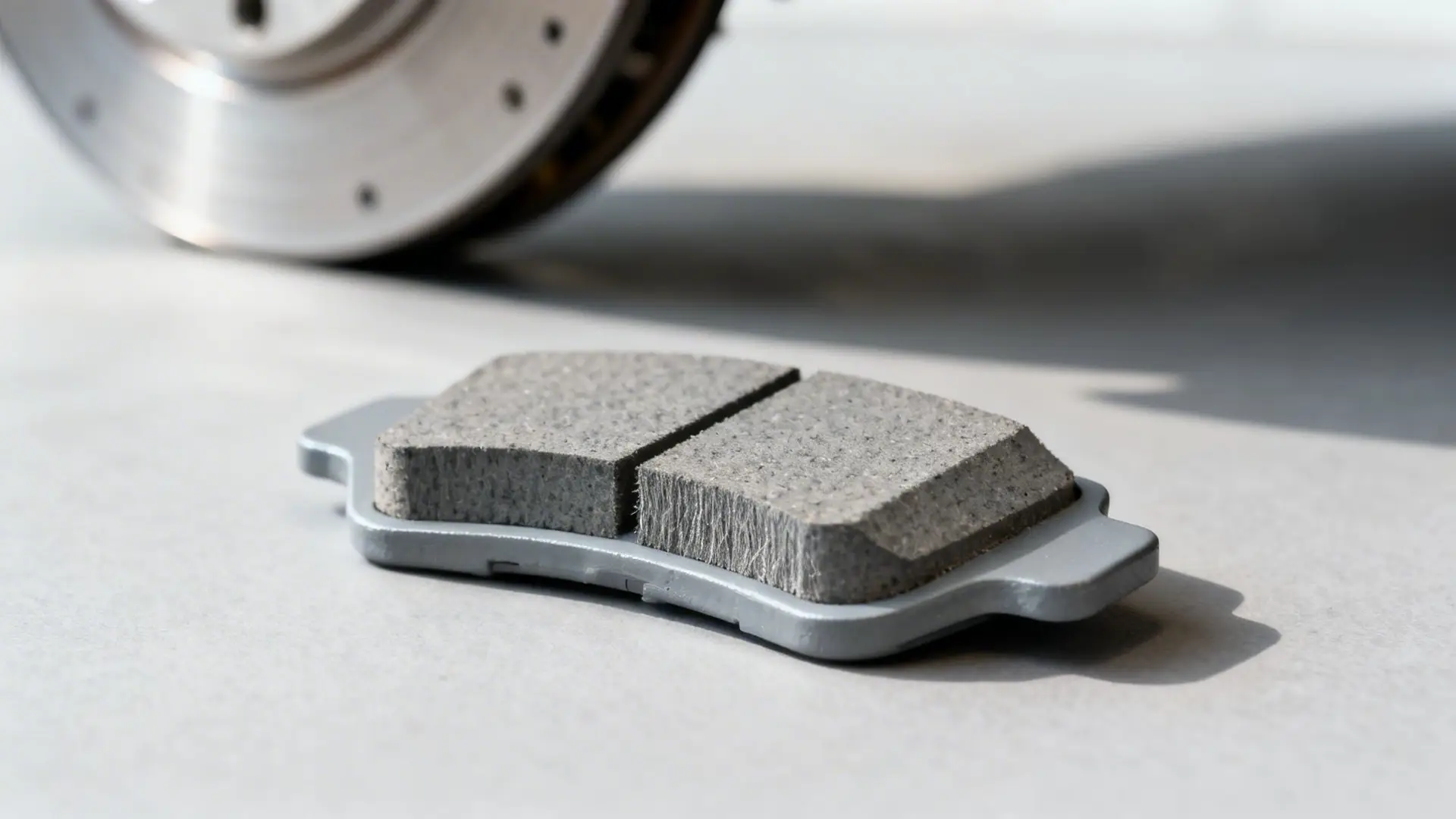 A new grey ceramic brake pad with a textured surface, shown alongside a blurred brake disc.