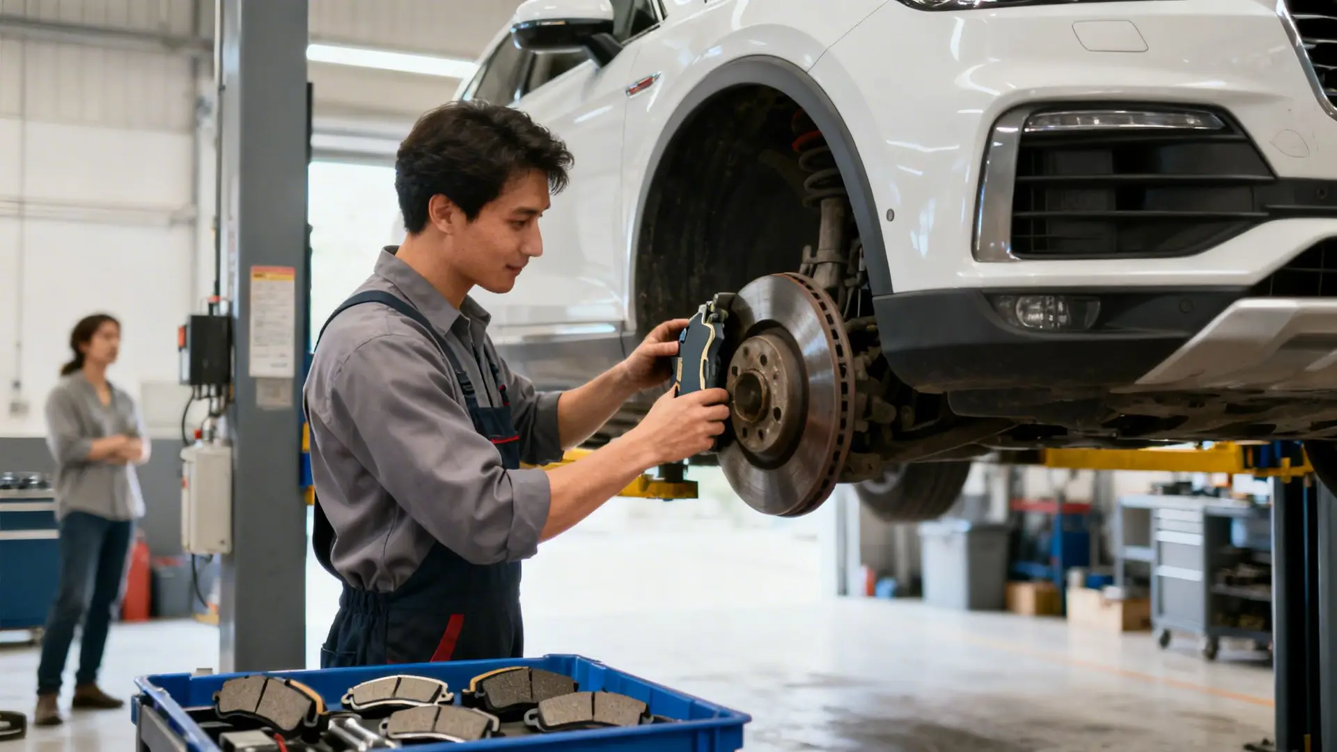 Male mechanic installs new brake pads on a white car lifted in a busy auto repair shop.
