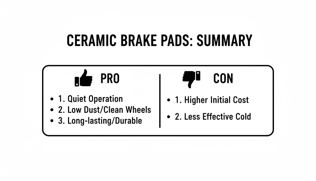 An infographic summarizing the pros and cons of ceramic brake pads with bullet points.