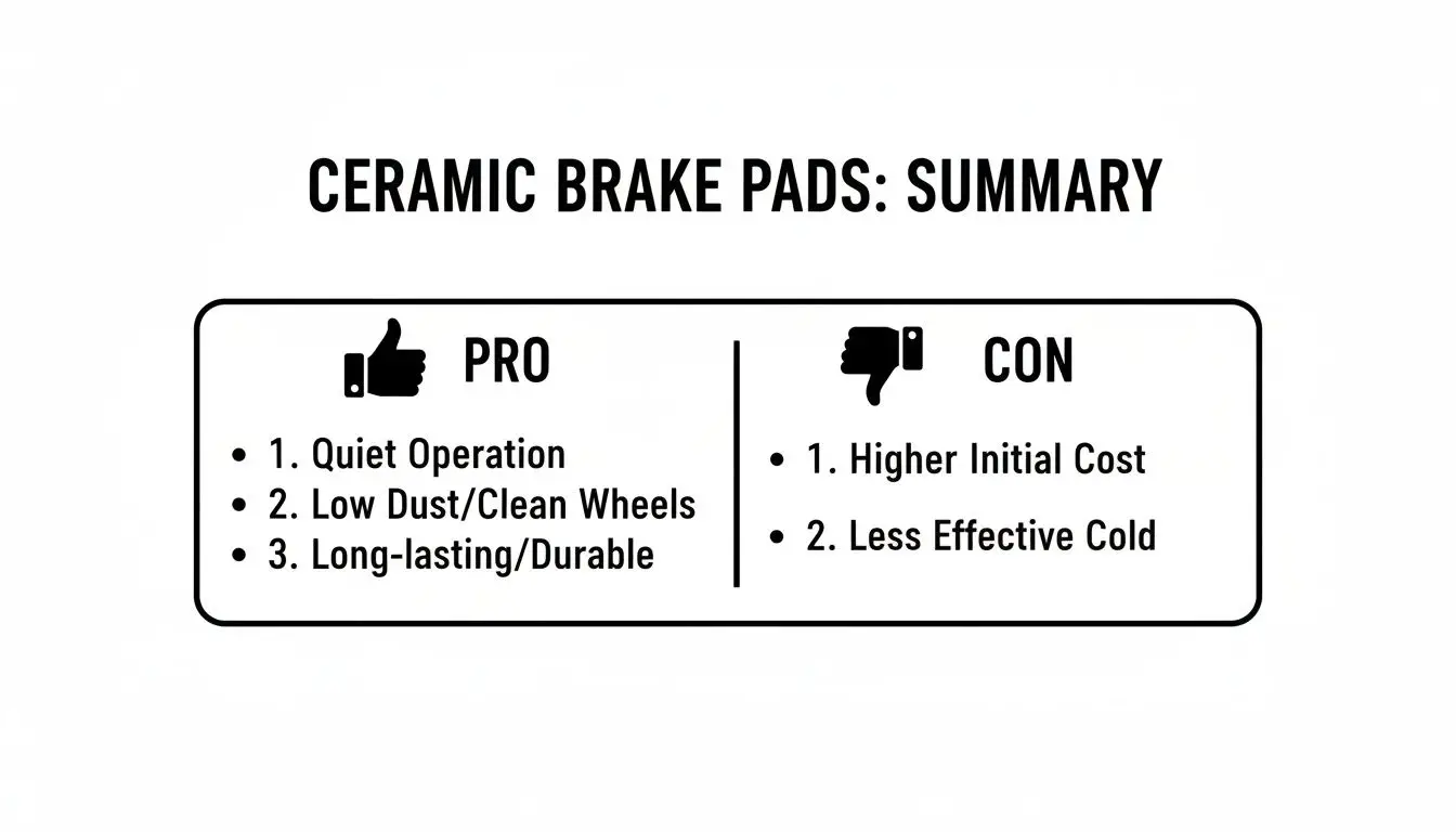 An infographic summarizing the pros and cons of ceramic brake pads with bullet points.