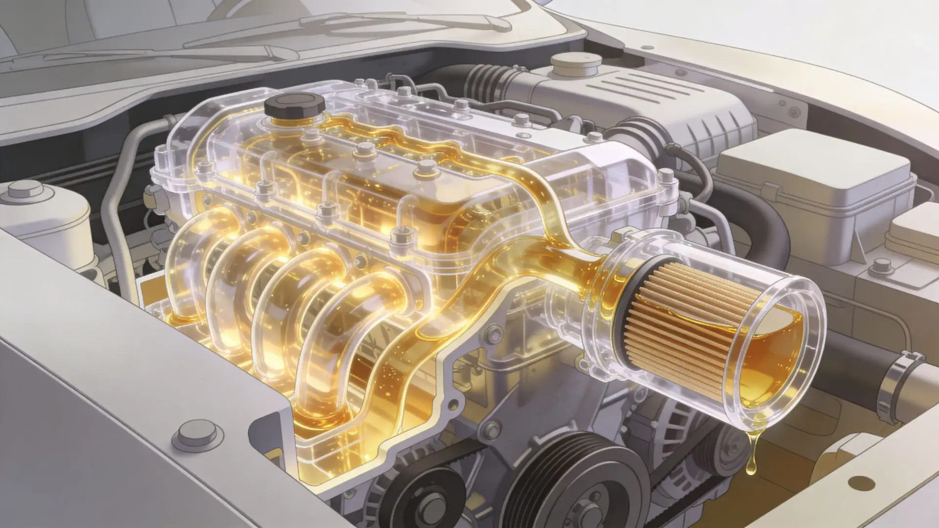 A transparent internal combustion engine model showing golden motor oil flowing through the intake and filter system.