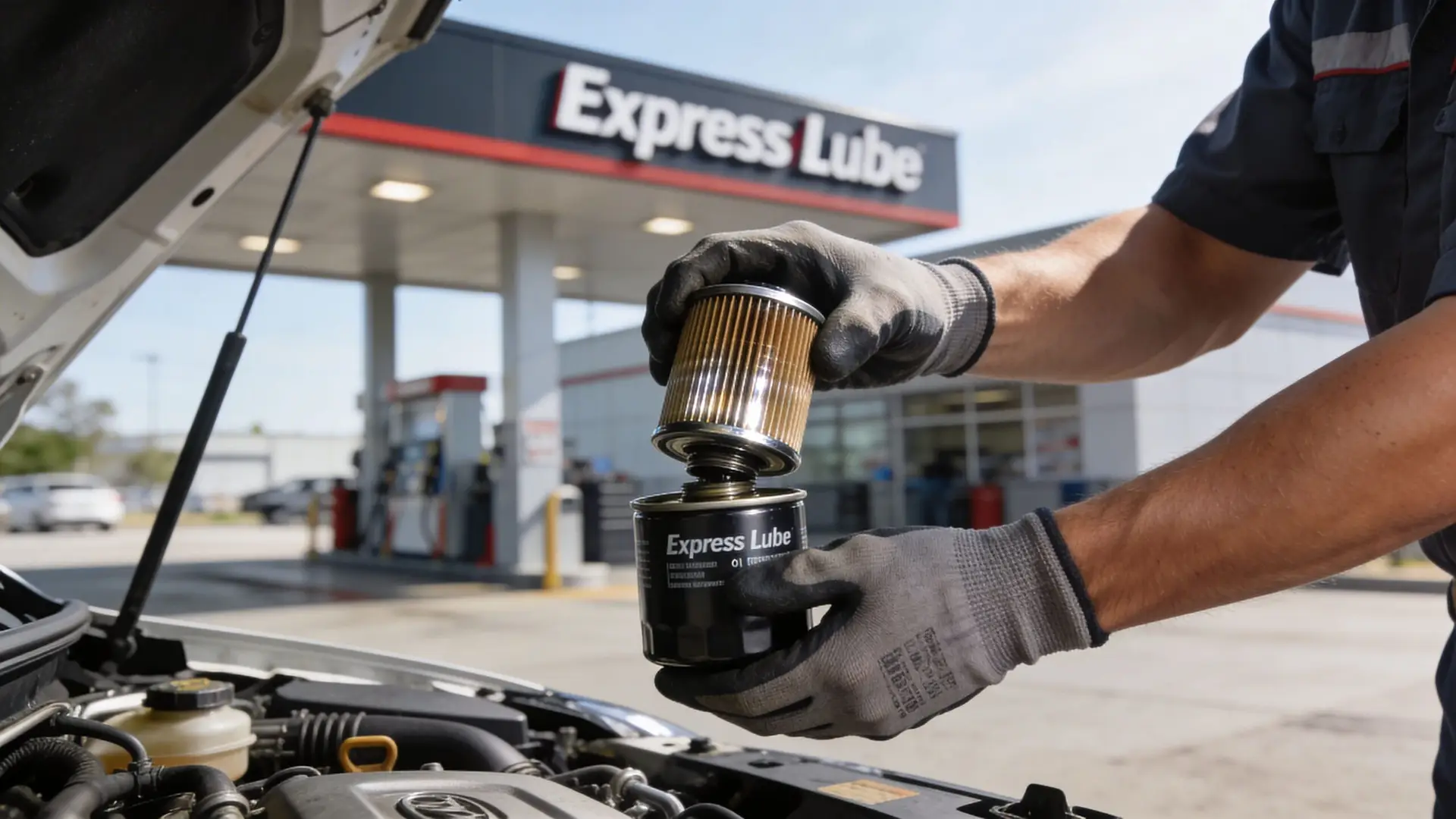 A mechanic holding an oil filter and its inner filter element while performing a vehicle service.