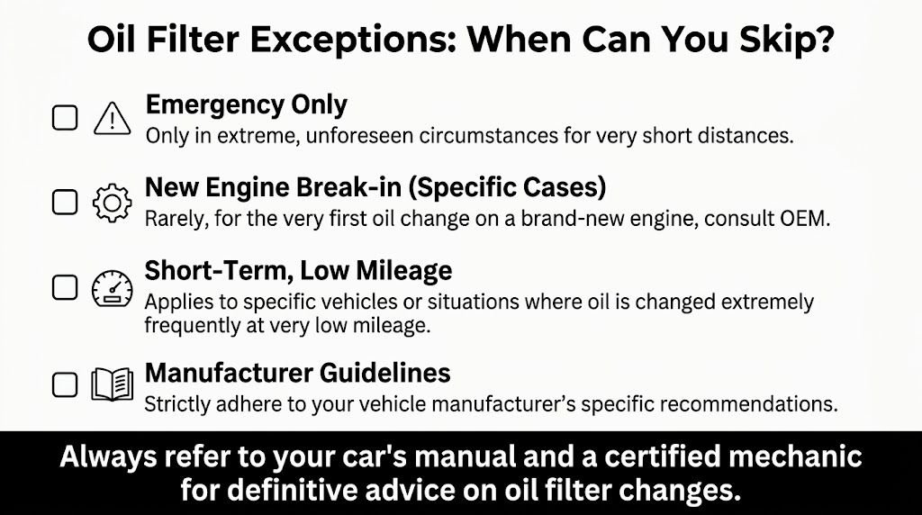 A list outlining four specific, rare exceptions for when you might skip replacing an oil filter.