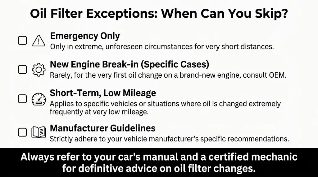 A list outlining four specific, rare exceptions for when you might skip replacing an oil filter.