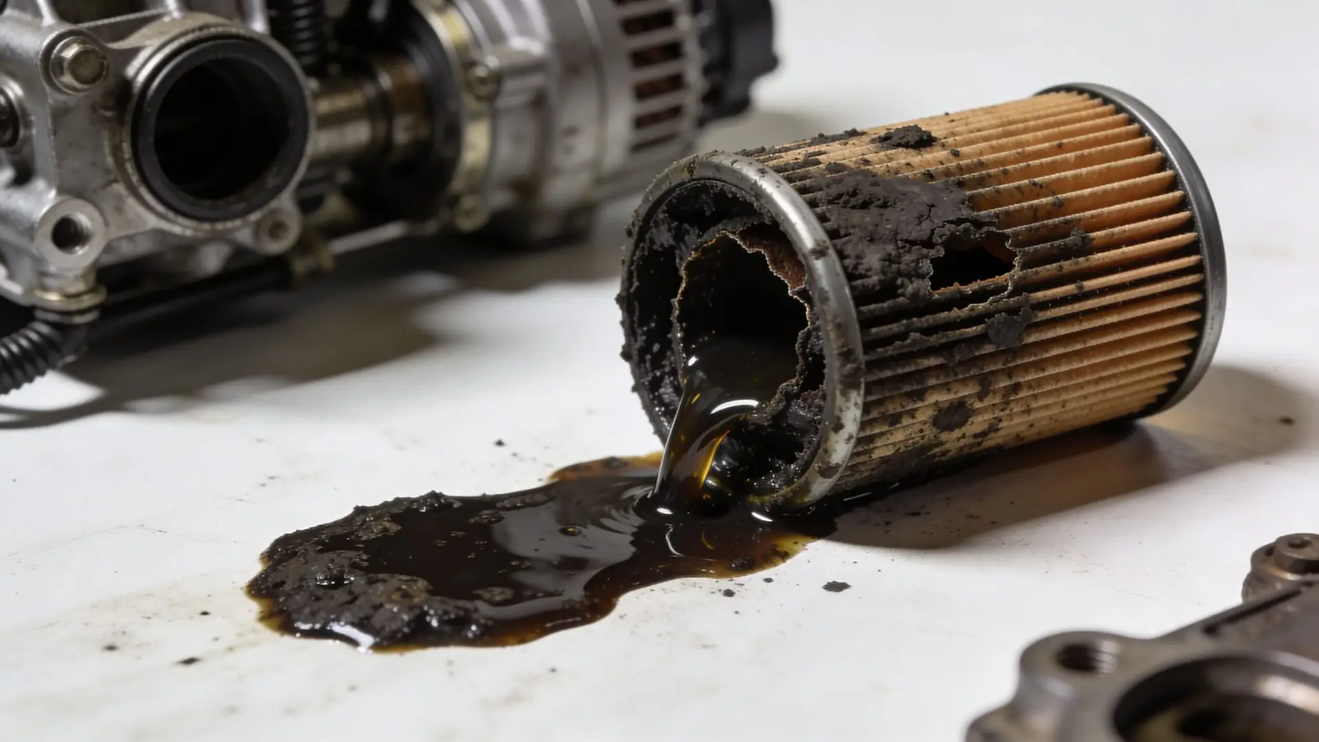 A dirty, used oil filter leaking thick black oil onto a white surface with engine parts nearby.