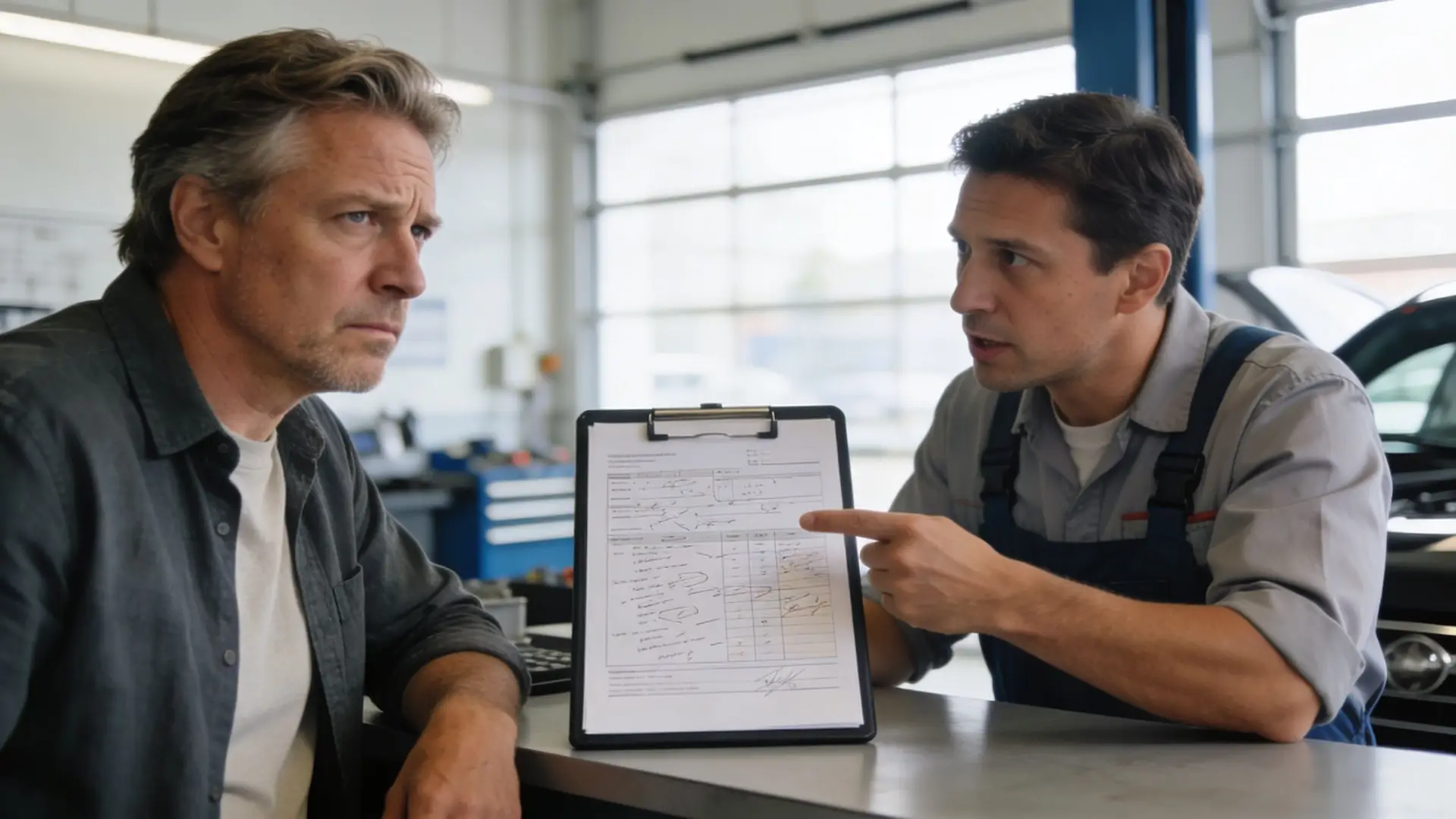 A mechanic explaining vehicle inspection results on a clipboard to a concerned customer at an auto shop.