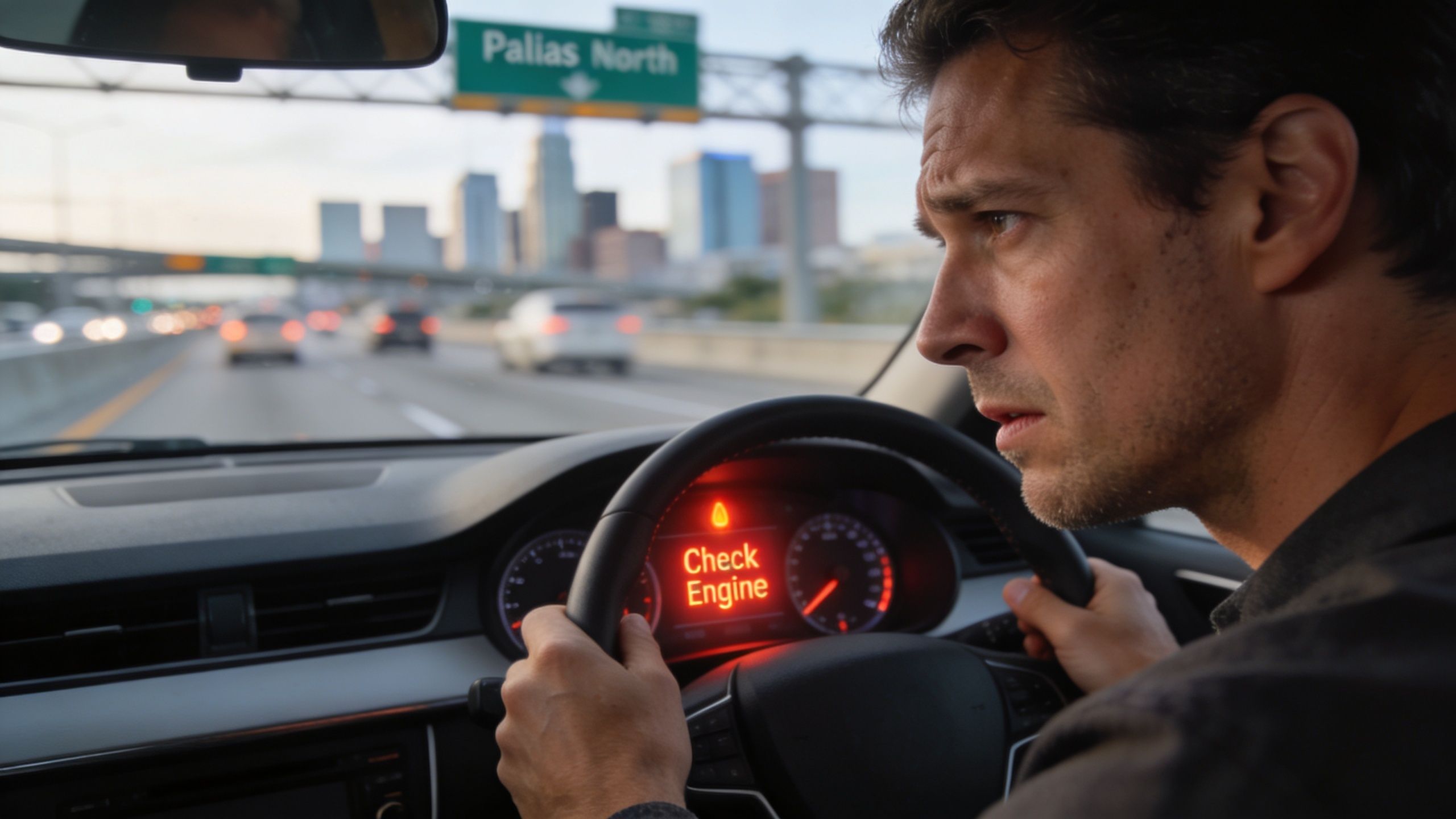 A concerned driver looking at a bright Check Engine dashboard warning light while driving on a city highway.