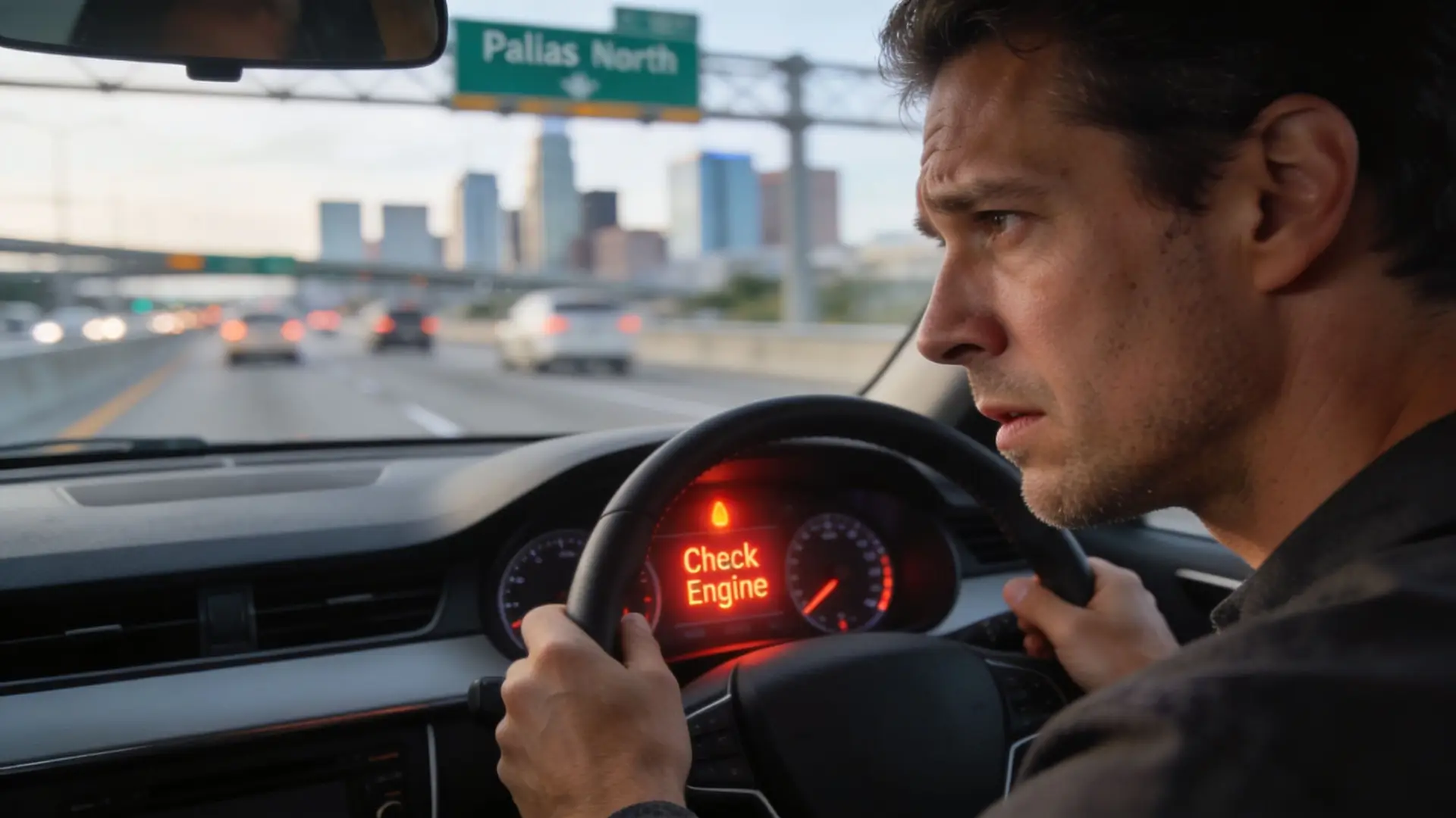 A concerned driver looking at a bright Check Engine dashboard warning light while driving on a city highway.
