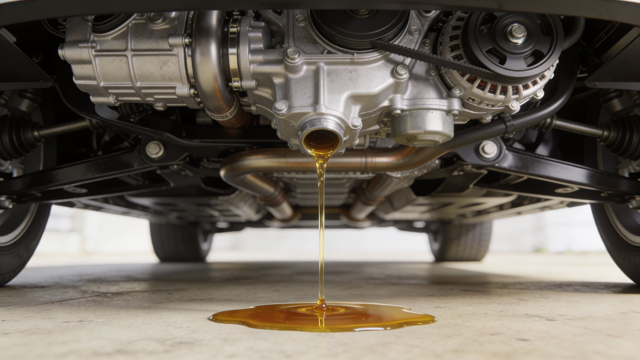 A close-up low angle view of a vehicle undercarriage with dark engine oil leaking onto the floor.