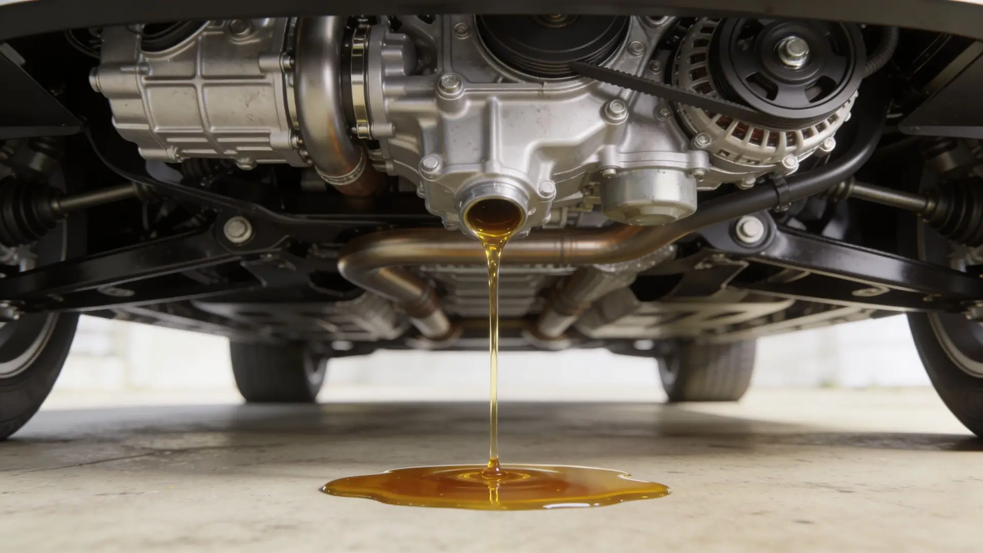 A close-up low angle view of a vehicle undercarriage with dark engine oil leaking onto the floor.
