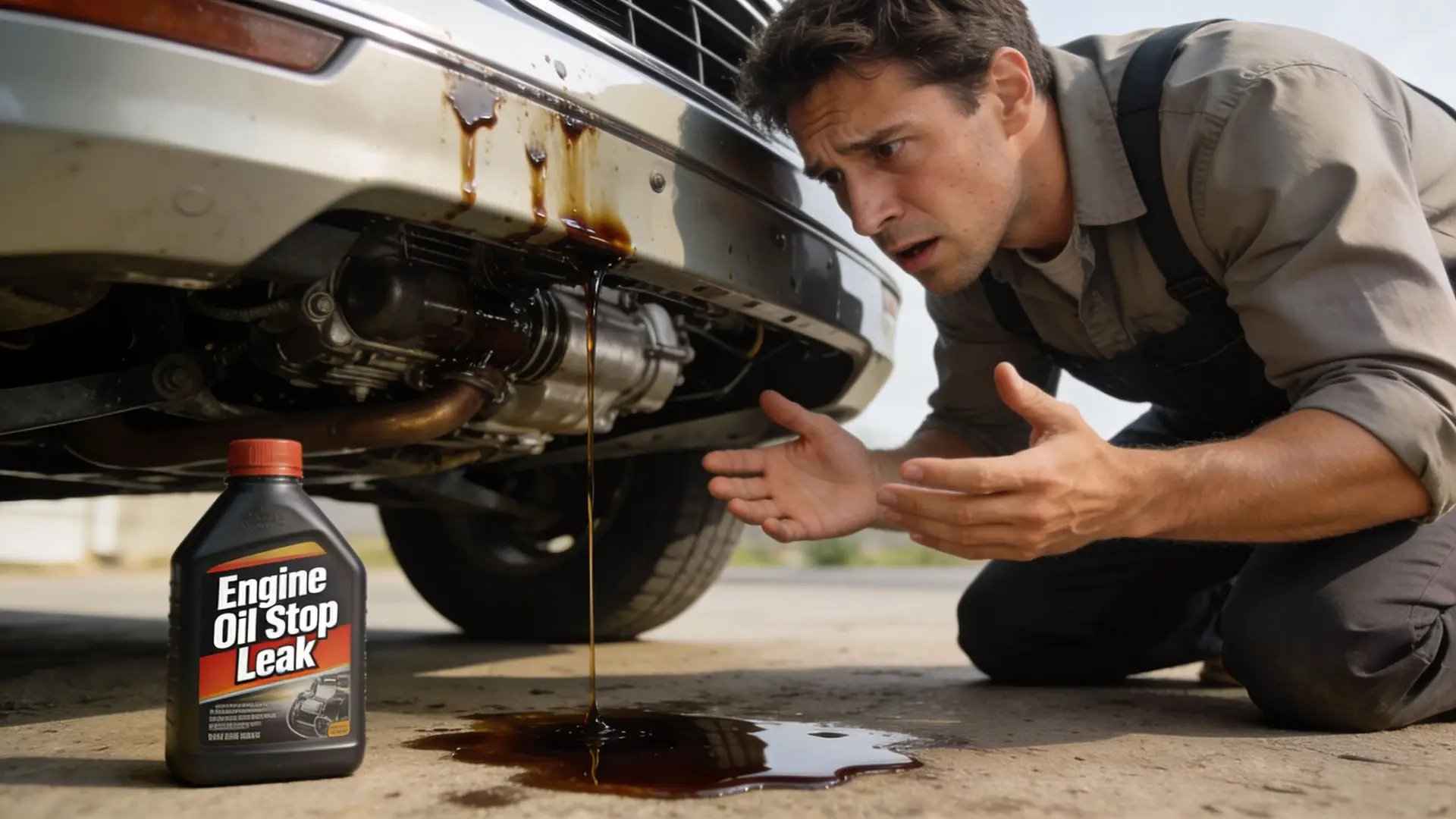 A concerned mechanic kneels next to a car with an active engine oil leak and a bottle.