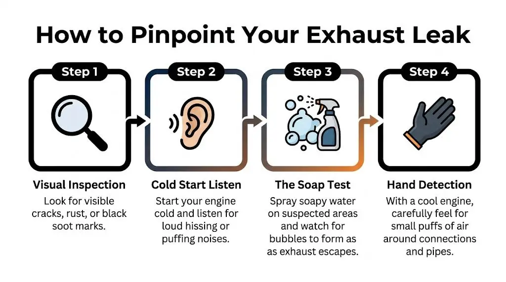 An infographic showing four steps to identify an exhaust leak on a vehicle using visual and tactile methods.