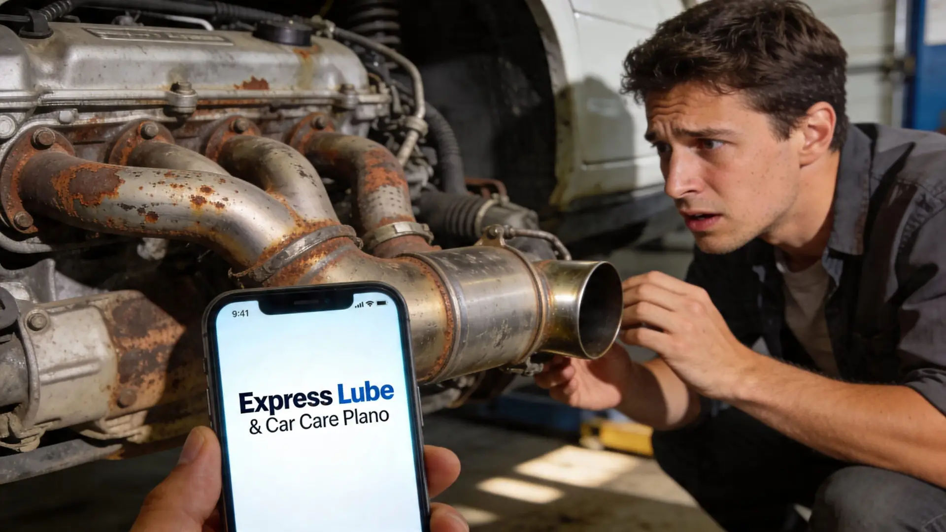 A mechanic inspecting a rusty vehicle exhaust pipe while holding a phone with repair services information.