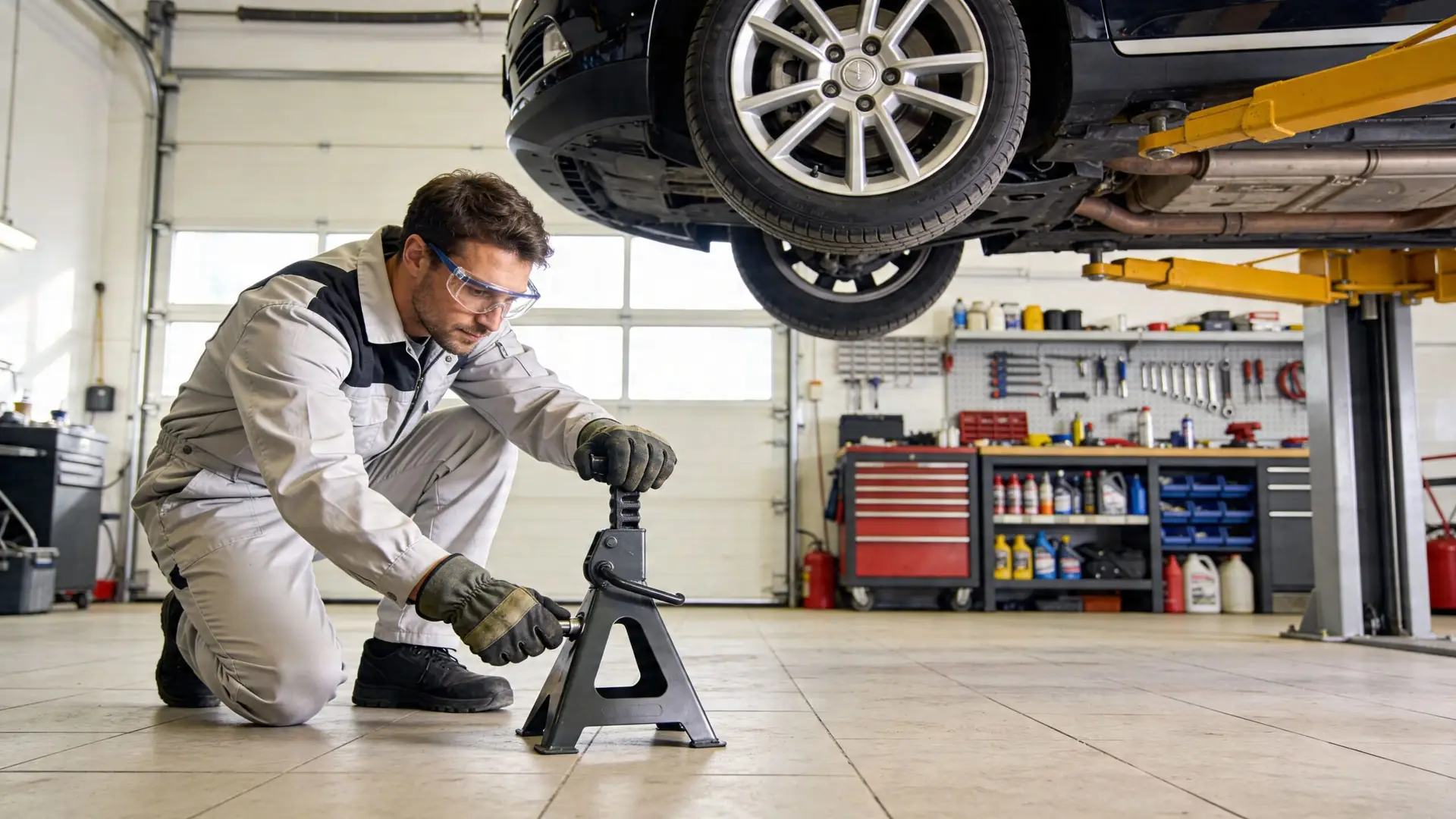 A professional mechanic in protective gear preparing a jack stand to support a car in a workshop.