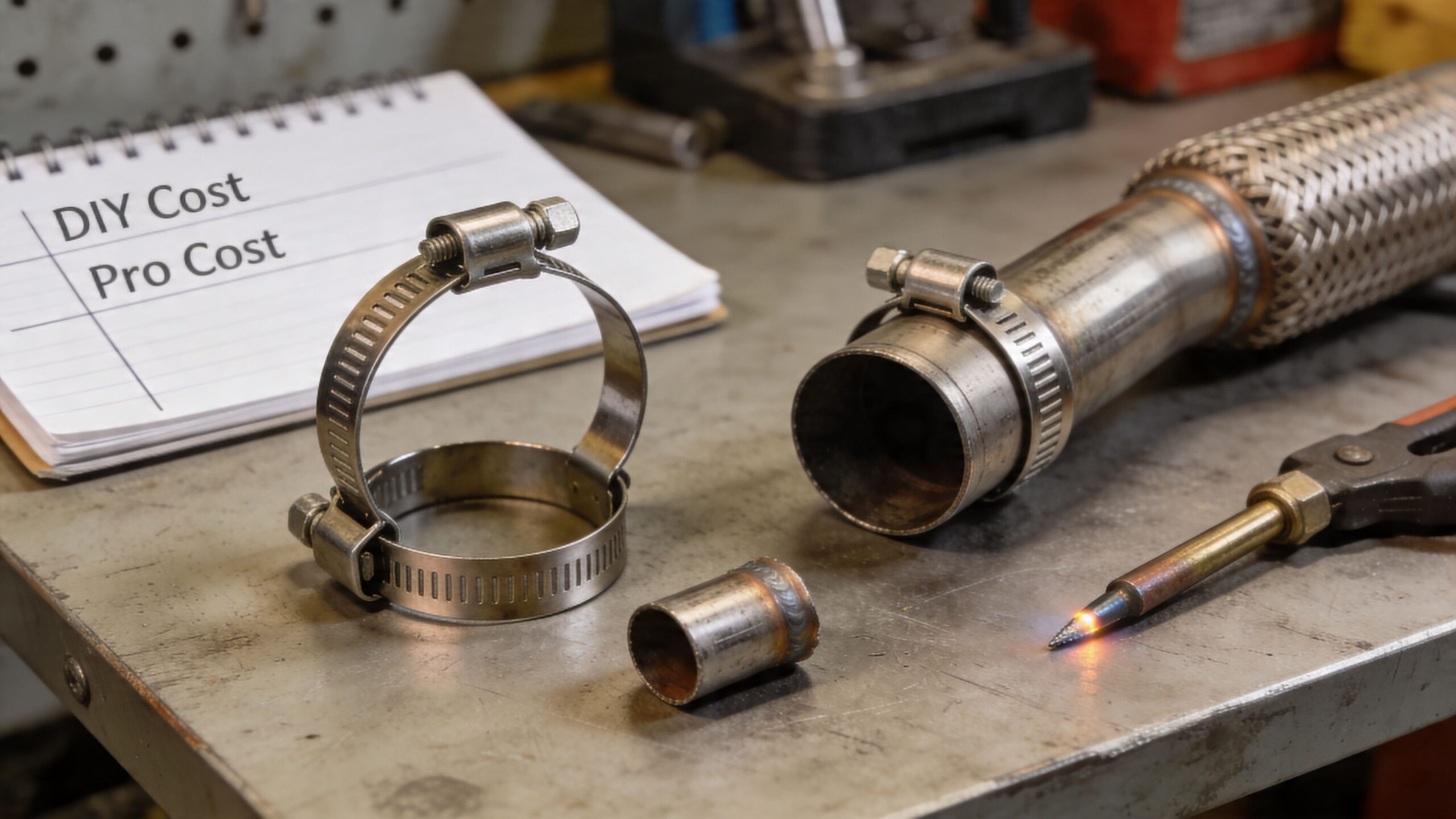 Mechanical tools, hose clamps, and a metal exhaust pipe on a workbench for automotive repairs.
