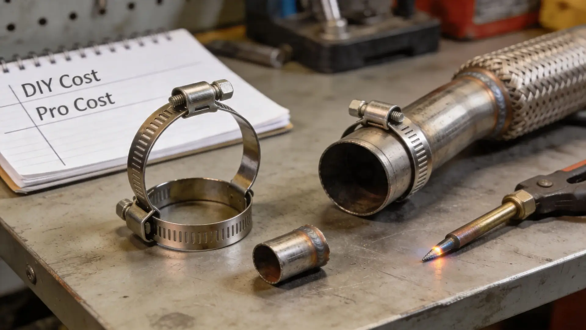 Mechanical tools, hose clamps, and a metal exhaust pipe on a workbench for automotive repairs.