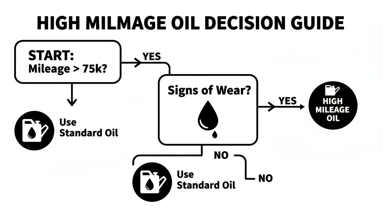 Flowchart guiding users on when to use high mileage oil based on vehicle mileage and signs of wear.