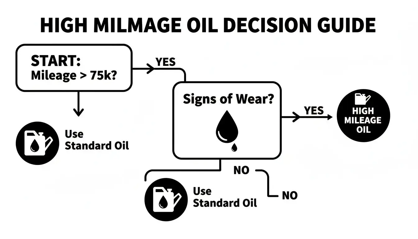 Flowchart guiding users on when to use high mileage oil based on vehicle mileage and signs of wear.