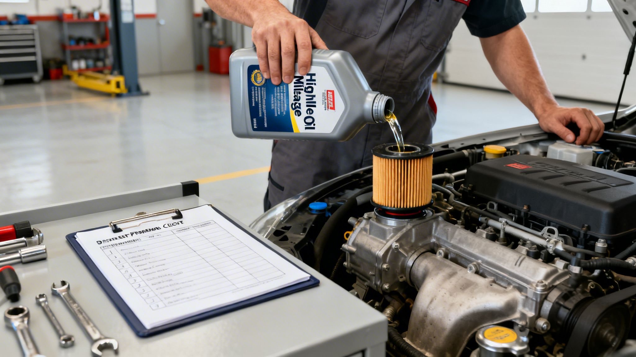 A mechanic pours high mileage oil into a car engine during a service in a garage.