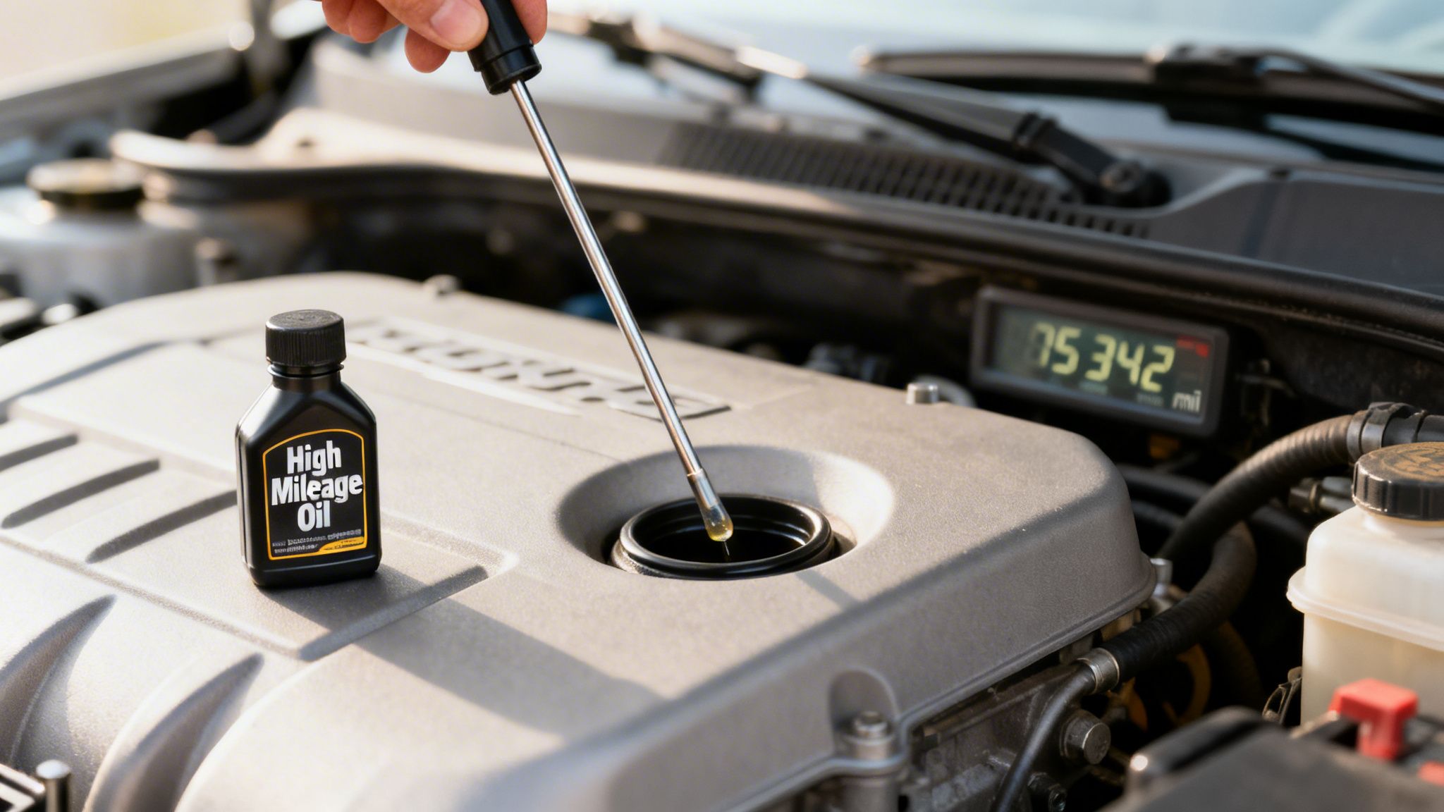 A person checks the engine oil level of a car with a high mileage oil bottle nearby.