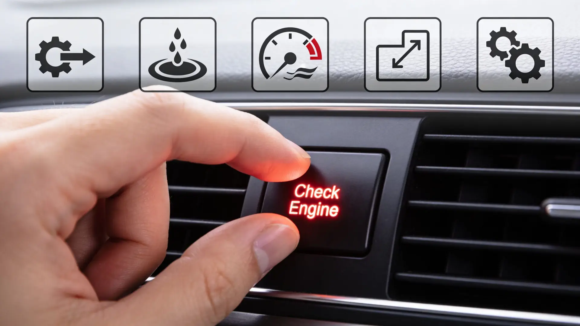 A hand pressing a glowing red check engine button inside a car dashboard with various icons above.