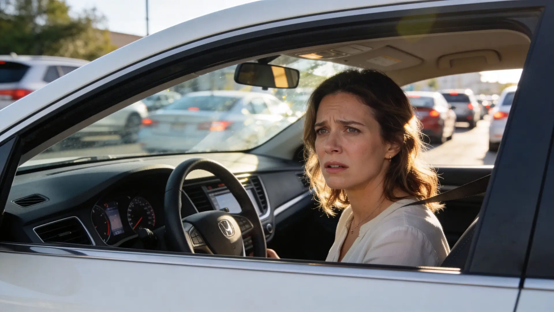 A concerned woman sits in the driver seat of her car during heavy traffic while commuting.