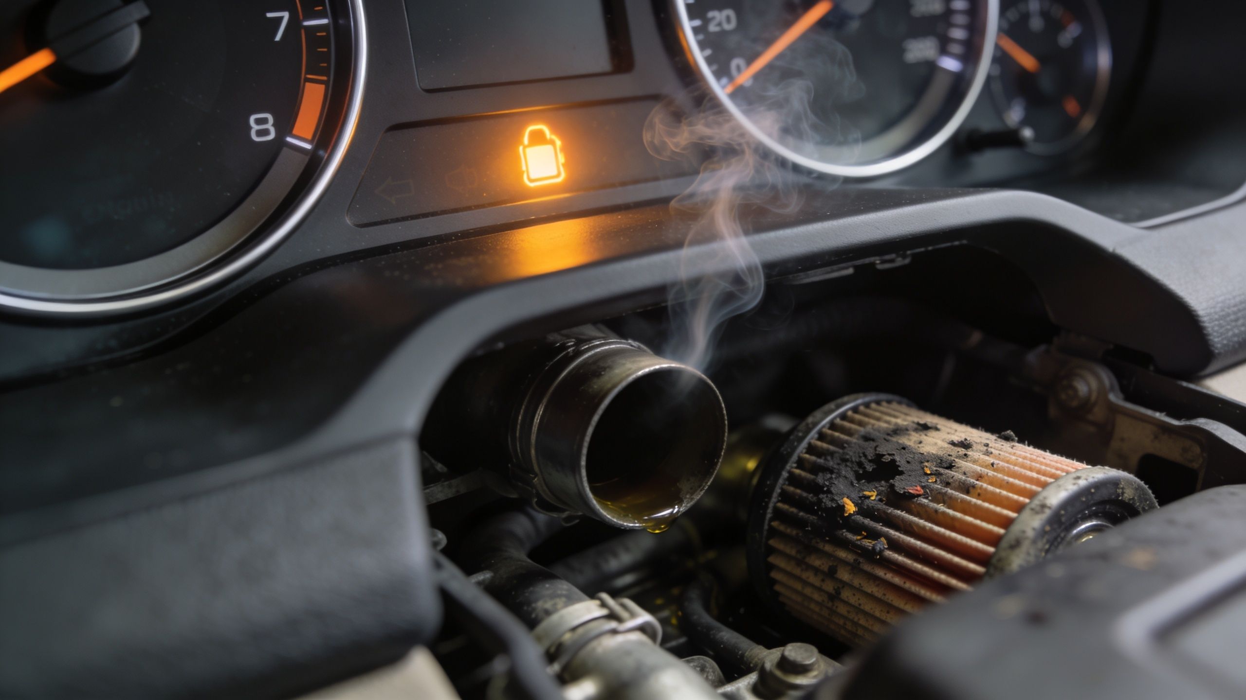 A close-up view of a car engine air filter emitting smoke next to an illuminated dashboard indicator.
