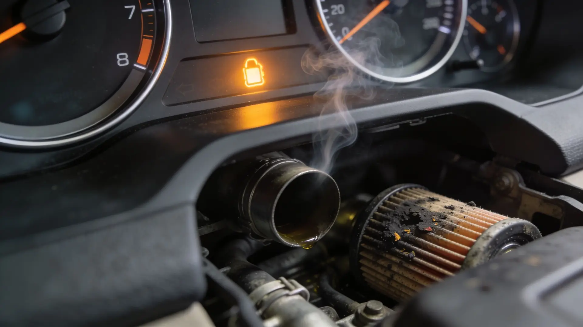 A close-up view of a car engine air filter emitting smoke next to an illuminated dashboard indicator.
