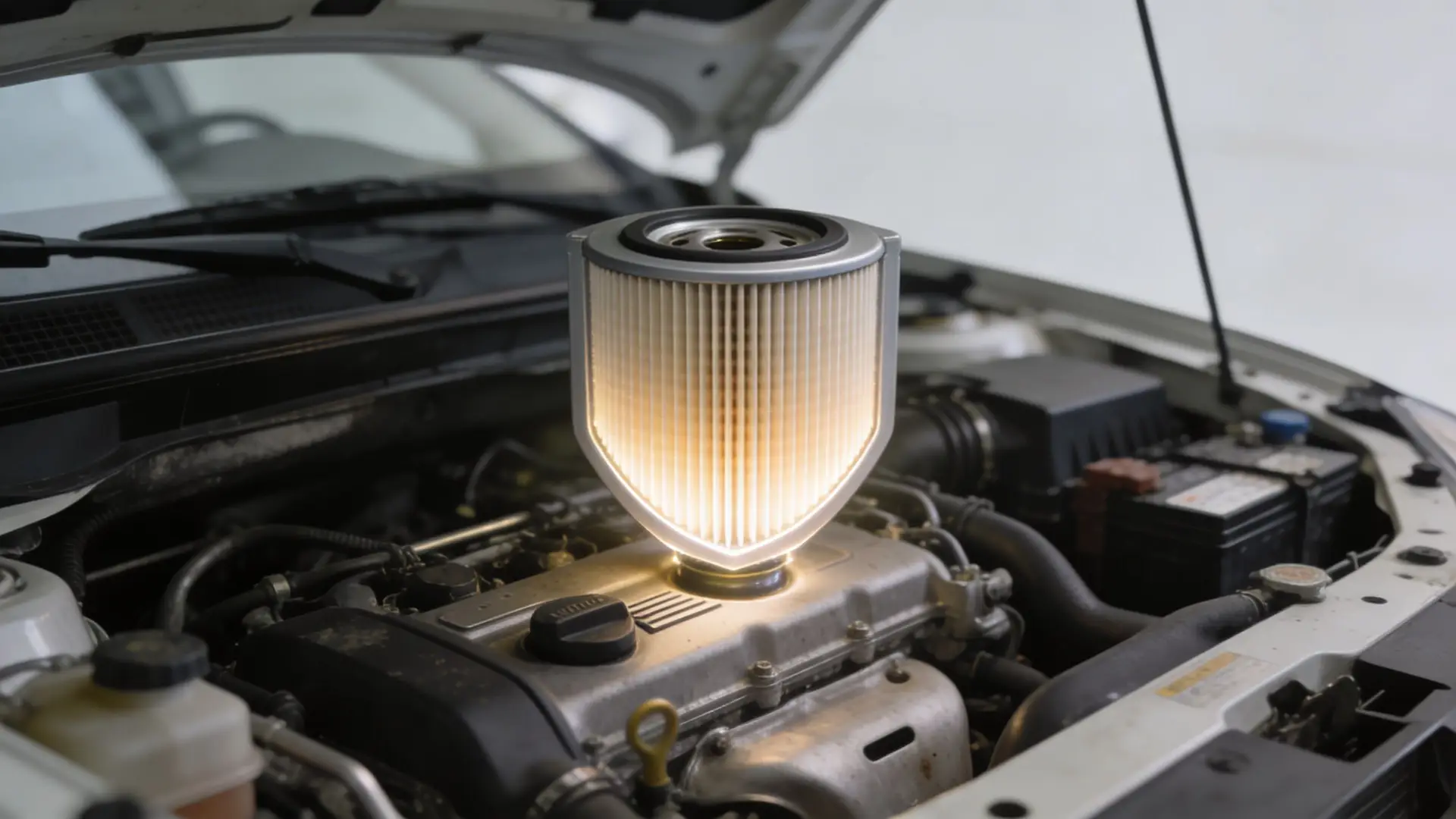 A brightly lit car oil filter placed directly on top of a car engine inside an open hood.