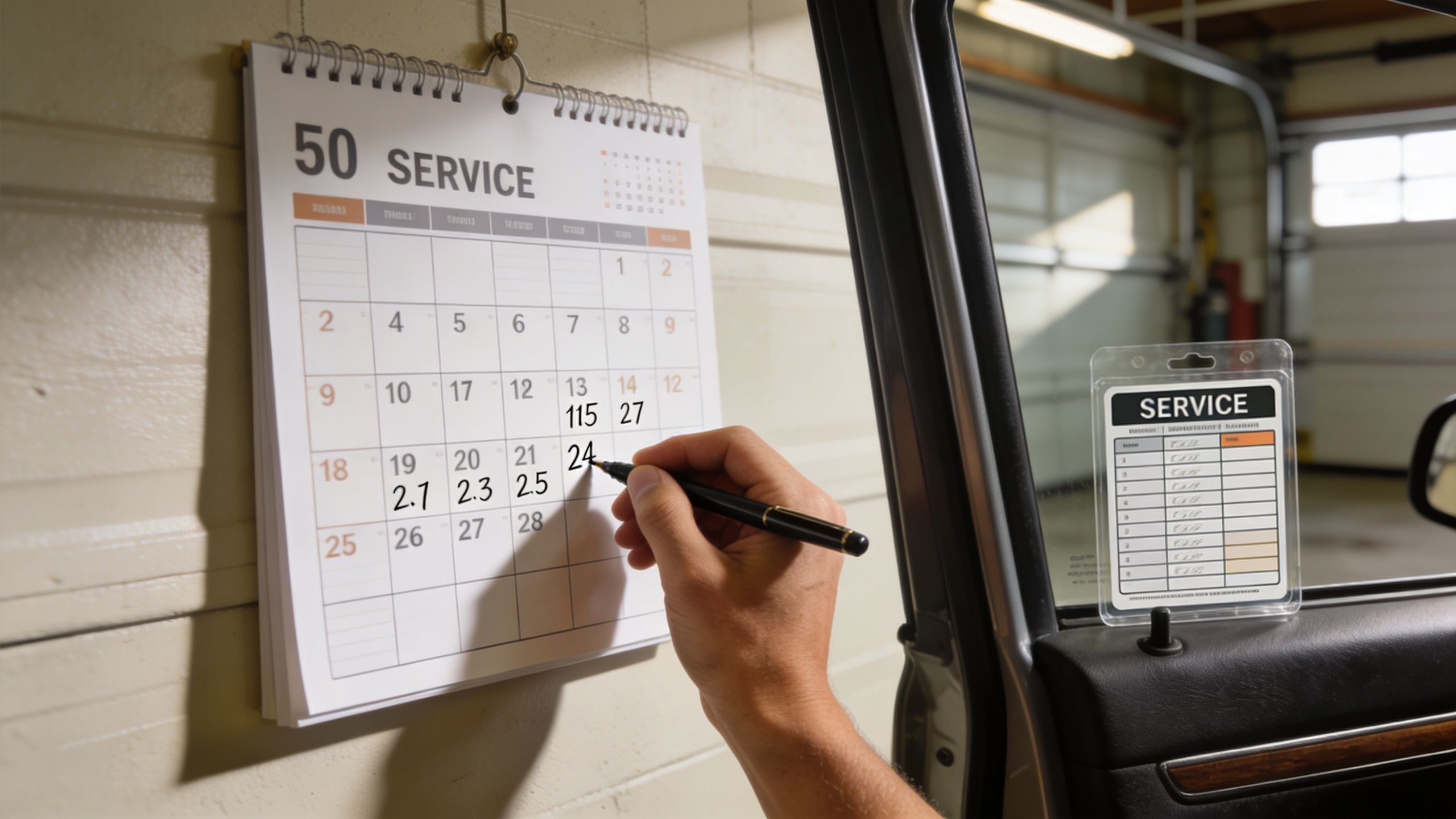 A person writing on a service calendar inside an automotive garage while preparing for vehicle maintenance.