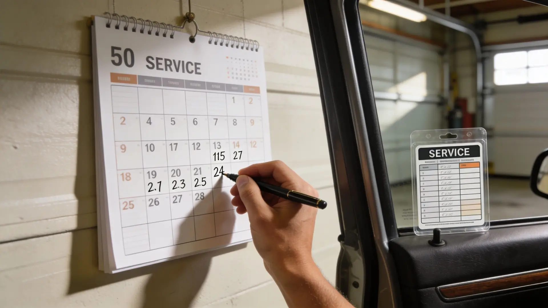 A person writing on a service calendar inside an automotive garage while preparing for vehicle maintenance.
