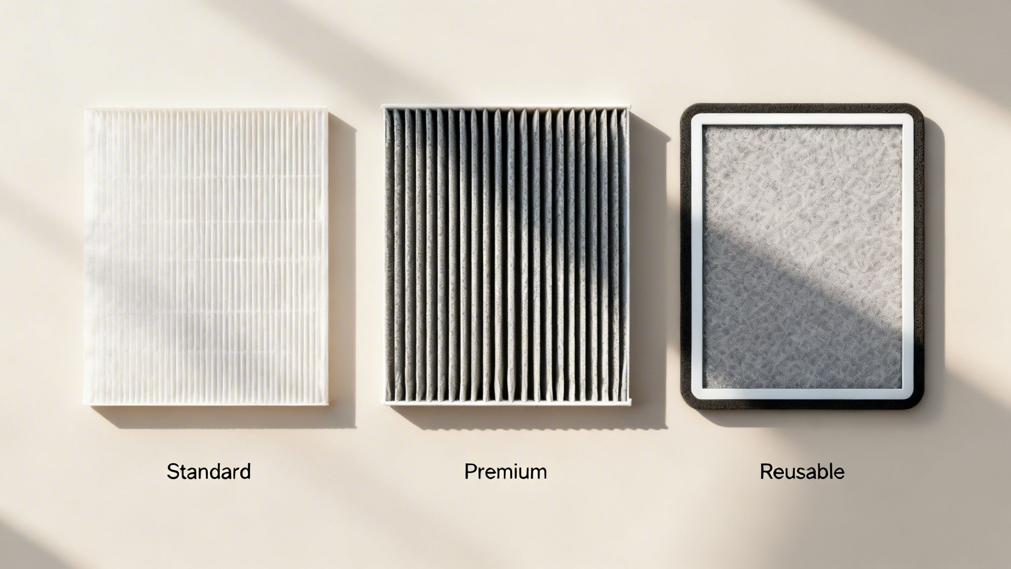Three air filters displayed: a clean standard white filter, a dirty premium pleated filter, and a reusable grey filter.