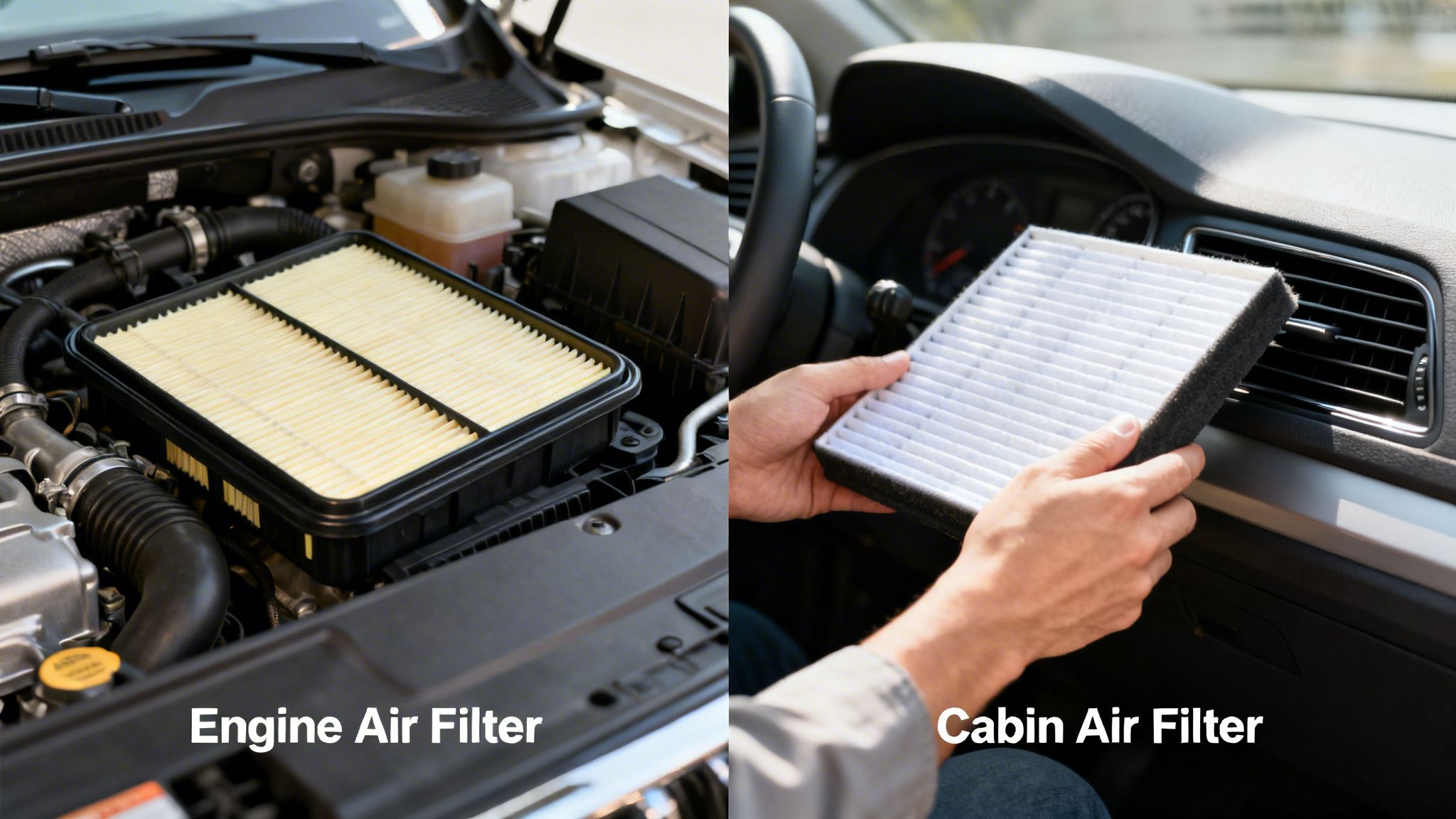 A split image contrasting an engine air filter in a car's engine bay with a cabin air filter held inside the vehicle.