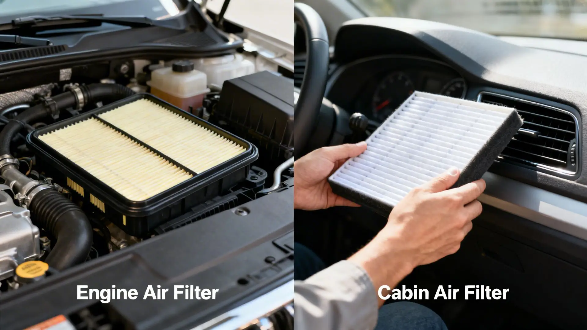 A split image contrasting an engine air filter in a car's engine bay with a cabin air filter held inside the vehicle.