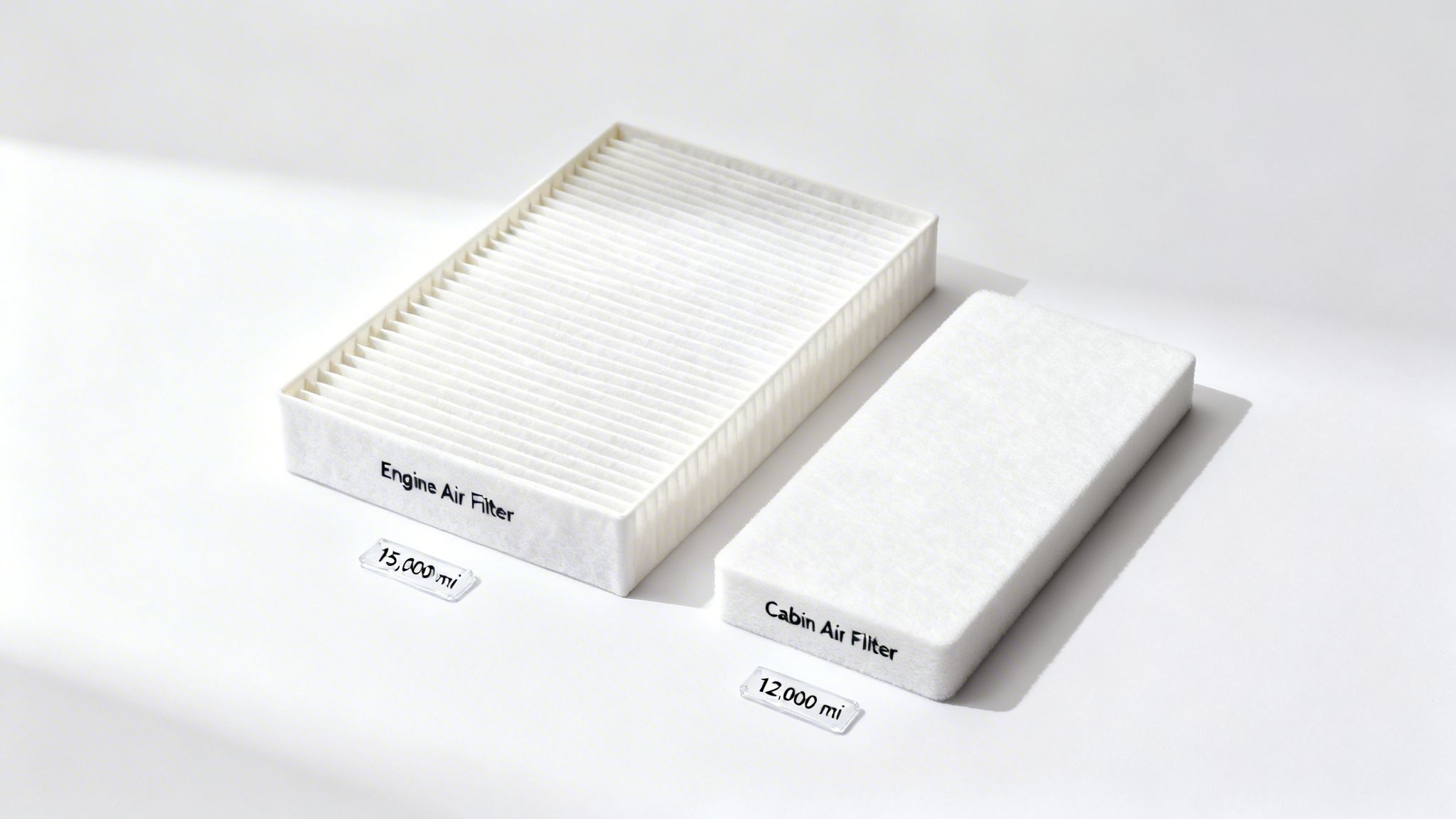 Two new car filters: an engine air filter (15,000 mi) and a cabin air filter (12,000 mi).