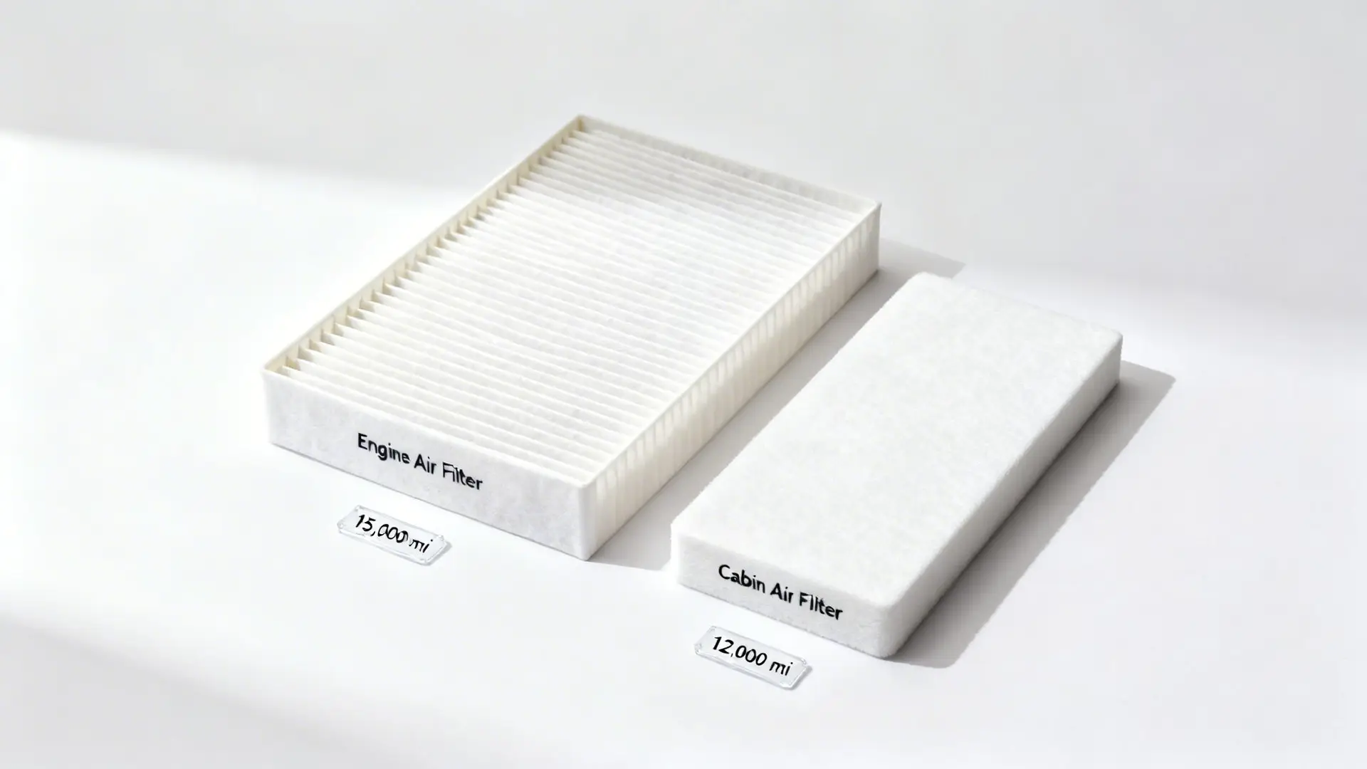 Two new car filters: an engine air filter (15,000 mi) and a cabin air filter (12,000 mi).