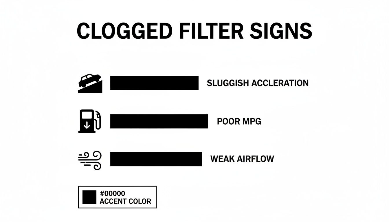 Infographic displaying three common signs of a clogged filter: sluggish acceleration, poor MPG, and weak airflow.